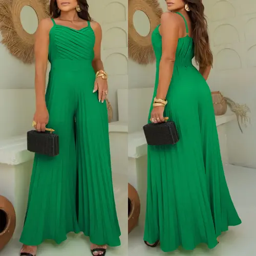 CHICME Women's Pleated V Neck Spaghetti Strap Waist Sleeveless Jumpsuit Casual Wide Leg Flared Romper Womenswear