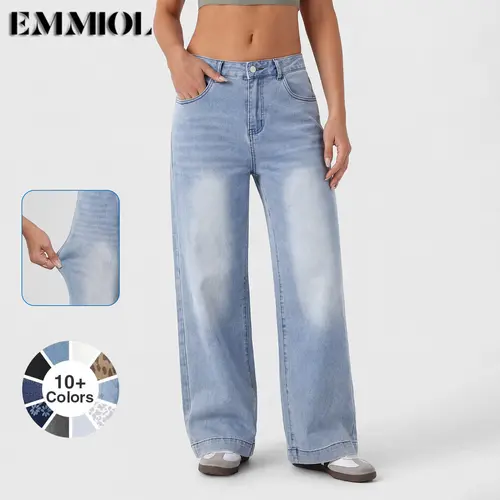 EMMIOL【Back to School】Women's 2026 Wide Leg Jeans Distress High Waist Stretchy Baggy Denim Pants Trousers Clothing,Back to School