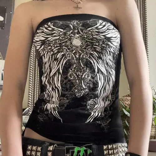 Women's Wing Print Tube Top, Bandeau, Y2K Fashion Casual Strapless Top for Daily Outdoor Wear, Ladies Goth Clothes for Summer