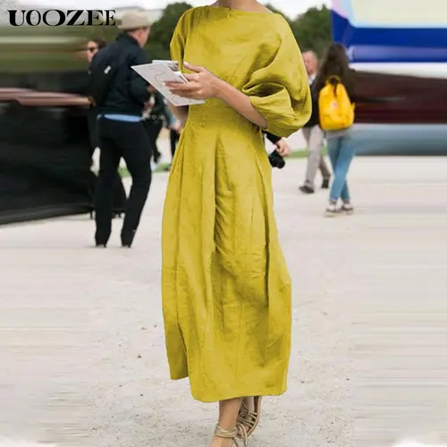 UOOZEE Women's Minimalist Loose-Fitting Soft Casual Dress - Half Sleeve, Round Neck, Solid Color, Pockets, Viscose-Linen Blend Fabric, Elegance, Lady Summer Wear (Note: Sizes run large; order 1 size smaller),summeroutfits,vacationoutfits,beachoutfits