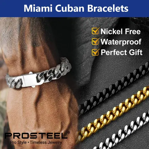 PROSTEEL Miami Cuban Chain Bracelets, 14K Gold Plated/Steel/Black With Upgrade Buckle Clasp Durable Golden Black Metal Filled Solid Stainless Steel Hand Chain Jewelry for Men Women with Gift Box