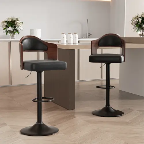 Swivel Bar Stools Set of 2 Seat Adjustable Height 24.5-33.5IN, Wooden Barstools PU Leather Upholstered Bar Chairs with Back & Footrest for Bar Kitchen Dining Room