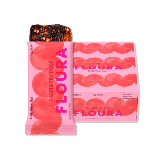 Floura Raspberry Rose Fiber Bar, 12-Pack – 15g Diverse Fiber, Gluten-Free, Vegan, Raspberry Rose Flavor