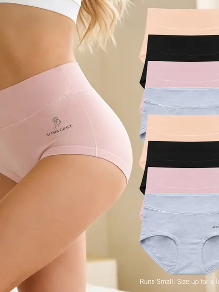 Women's Mid-High Waist Cotton Underwear in Muti-packs: 8pcs, 4pcs; - Hipster Style, Full Coverage Soft Ladies Briefs , Womenswear, Fit Breathable Everyday Cotton Underwear Solid Seamless Panties (Size Up)