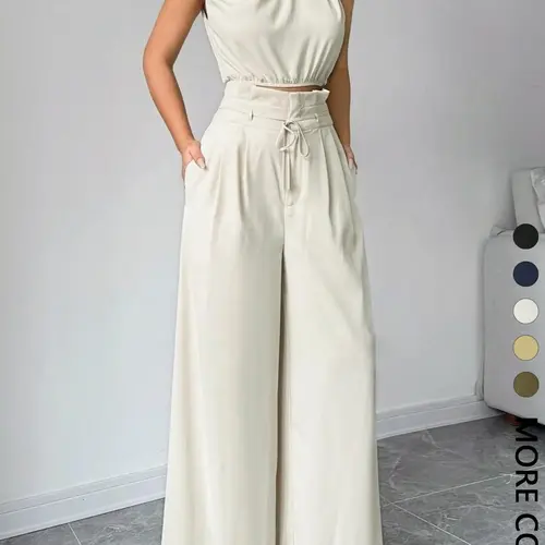 Women's Elegant Minimalist Two-Piece Set, Irregular Top & Wide-Leg Pants, Fitted Suit, Plain Pattern, Perfect for Everyday Casual Wear