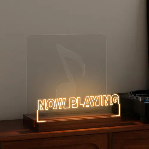COOLGIFT MART Decorative Now Playing Vinyl Record Stand - Wooden Acrylic Light-up Holder with Warm White LED Effects, Rechargeable Aesthetic Unique Room Decor for Vinyl Lovers, Christmas New Year Gift