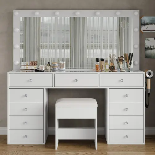 FUSOU 55"W 11 Drawers Makeup Vanity with Charging Station Vanity Desk with 13 LED Bulbs and HD Mirror,  [Shipping By 2 Packages],3 Color Brightness Adjustable, Glass Top Vanity Set for Bedroom, White,SummerVibe,dorm essentials,home decor