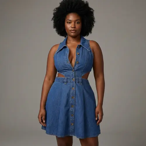 URBAN REVIVO Women's Elastic Cotton Blend Denim Dress - Casual Sleeveless, Cut-Out Shoulders, Above-Knee, Chic, Practical, Comfortable, Cold-Wash, for Going Out & Brunch, Ladies' Basic Dress