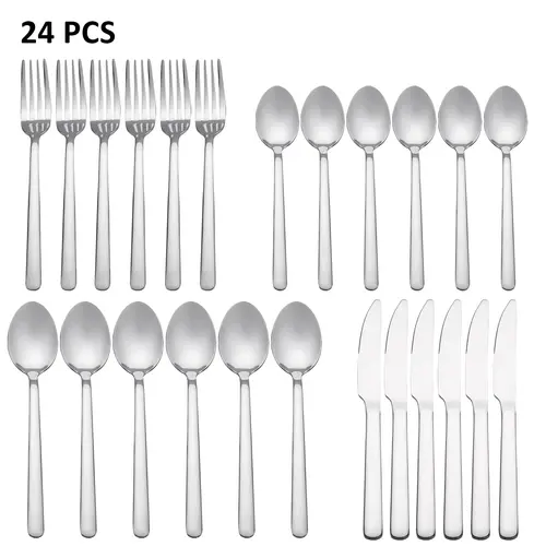 24PCS Stainless Steel Cutlery Set - Smooth Rounded Handle, Mirror Polished, Dishwasher Safe, Service for 6, Family Home Dinners Tableware for Restaurant or Camping