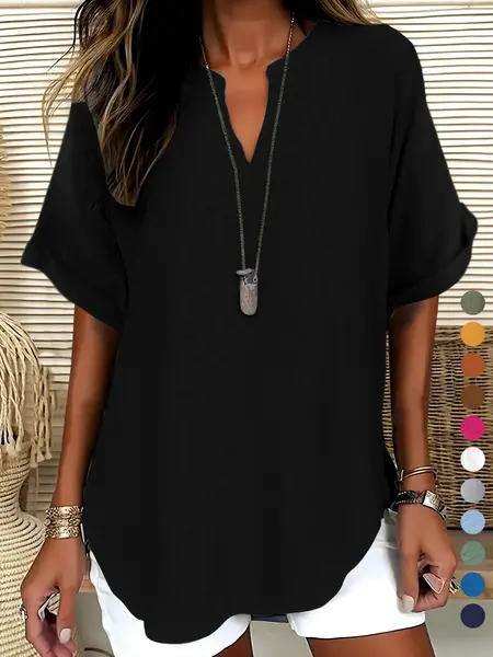 Elegant Polyester V Neck Loose Fit Short Sleeve Blouse Shirt for Women, 100% Polyester, Regular Length, 145g/m², Casual Weekend Top Womenswear