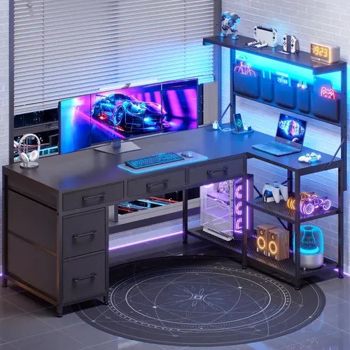 Sedeta Modern L-Shaped Corner Gaming Desk - 47.2" Reversible, 5 Drawers, LED Lights, Power Outlet, Power at Hand, CPU Stand Keeps Rig Stable, L-Shaped Modular Desks & Workstations, Office/Commercial Furniture for Computers & Headphones