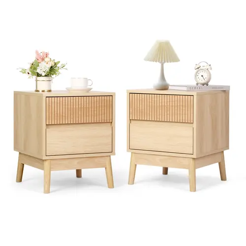 VOWNER Fluted Wooden Nightstand, End Table with 2 Drawers and Solid Wood Legs, Beside Table with Storage for Bedroom, Living Room