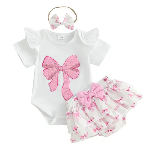 [Lullaby] Baby Girls' 3-Piece Summer Gift Set - Short Sleeve Bow Embroidery Romper, Shorts, Headband Infant Clothes, Gift Sets,back to school