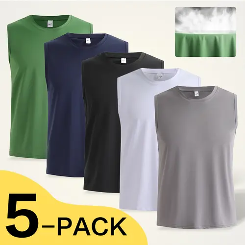OKP Men's 5-Pack Fitted Plain Crew Neck Tank Tops - 95% Polyester Blend, Quick Dry, Breathable, Easy to Style Sports Outfits, Workout Apparel for Spring Summer Indoor-Outdoor Running