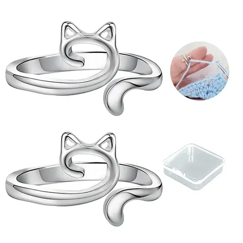 Cute Animal Motif Crochet Finger Ring Yarn Guide - 2-Ring Set Knitting Aid with Gift-Ready Box, Comfortable Adjustments, Seamless Yarn Loop Crocheting Supplies for Smooth Crafting