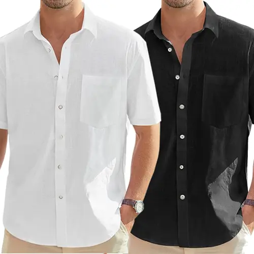 2-PACK Alimens&Gentle Men's Cotton Linen Short Sleeve Shirts Casual Lightweight Button Down Shirts Vacation Beach Summer Tops with Pocket