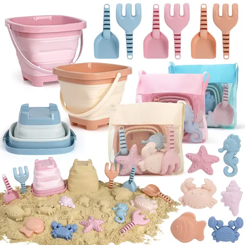 Dreamon 3 Pack Beach Toys Set for Kids - Foldable Sand Buckets, 6 Aquatic Creature Molds, 3 Sand Shovels & Mesh Bag for Safe Storage