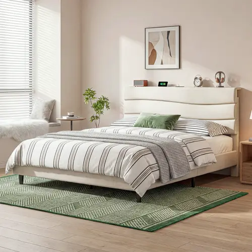 【Summerwins】Raybee Queen Size Bed Frame Upholstered Headboard Height Adjustable Wavy Line Top Storage Shelf & USB Type-C Charging Noise-Free,Easy Assemble & Clean,The First Best Bed For Teens, Queen Beige,Cream,Gray,King,Full