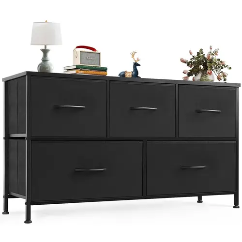 5-Drawer Fabric Storage Tower - Wooden Drawer Dressers, Black Dresser Cupboard Furniture, Home Decor for Closet Organization, Storage Organization Needs