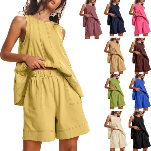 Yeokou Women's 2 Piece Outfits Sleeveless Matching Sets A Line Tank Tops Contrast Stitching High Waist Shorts with Pockets, 2 Piece Sets, Women 2 Piece Sets,summerwins,summeroutfits,vacationoutfits,bathingsuitwomenset,beachoutfits