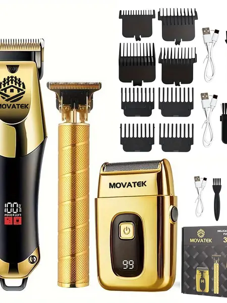 3 Piece Professional Blonde Hair Clipper & Trimmer Kit for Men USB Rechargeable Barber Set Featuring LCD Display, Adjustable Blade Hair Clippers, and Professional Men's Trimmer Hair Cutting Kits