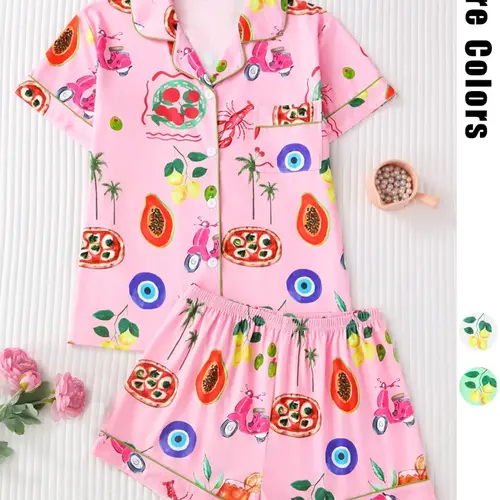 Women's Fruit Print Shirt & Elastic Waist Shorts Pyjama Two-piece Set, Casual Comfy Short Sleeve Top & Shorts PJ Set, Ladies Sleepwear Pajamas Loungewear for All Seasons, Loungewear Pjs Set