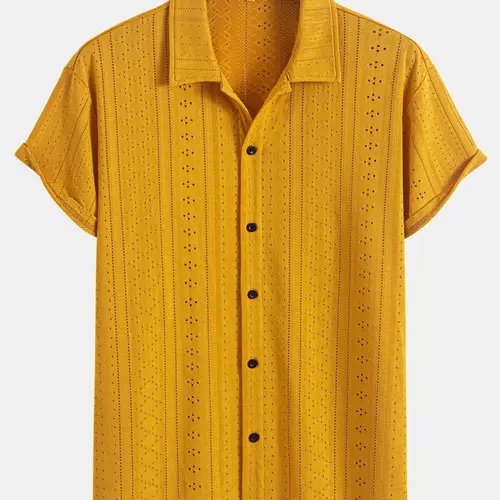 Men's Plain Hollow Out Short Sleeve Button Down Shirt, Regular Fit Menswear, Solid Collared Top for Summer, Men's Fashion Clothes for Daily Wear, Casual Trendy Shirt, Casual Style Shirt