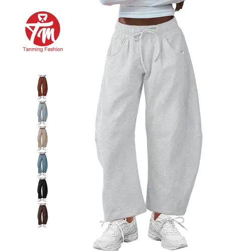 Tanming Women's Barrel Leg Sweatpant Drawstring Elastic Waisted Wide Leg Pants Casual Cotton Palazzo Trousers with Pockets