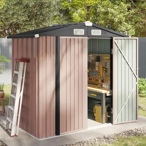 Aoxun Durable Metal Garden Shed, Heavy-Duty Steel Outdoor Storage Shed with Lockable Doors, Slooping Roof, Brown Weatherproof Construction for Backyard, Patio, Durable Garden Shed
