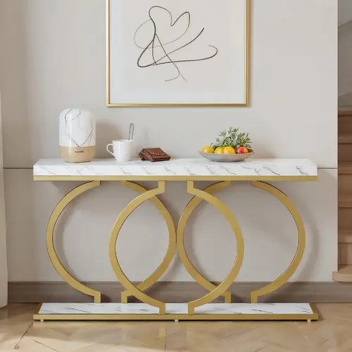 Spaco 55x11.8" Gold Faux Marble Console Table - Narrow Long Modern Contemporary O-Shape Metal-Tone Gold Pedestal Table with Wobble-Free Feet for Living Room, Entryway Indoor Accent Piece