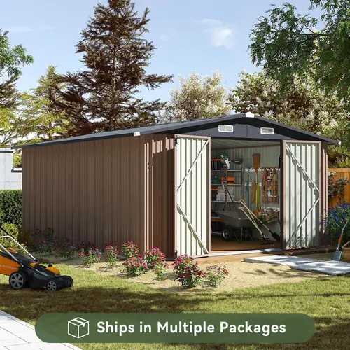 Aoxun Durable Alloy Steel Garden Shed - Multi-Size Galvanized, Lockable Doors, Waterproof Metal Storage with Metal Roof for Backyard Gardening (4x6/8x10/10x12FT), Heavy-Duty Outdoor Building, Installation and Tools Included, Rainproof Sunproof Roof