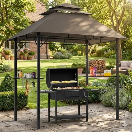 Yaheetech 8x5' Weather Resistant BBQ Awning Shelter Canopy, 3-Tier Outdoor Grill Gazebo with Height-Adjustable Shelves, 10 S-Shaped Hooks, Built-in Bottle Opener, Weather Resistant Shelter
