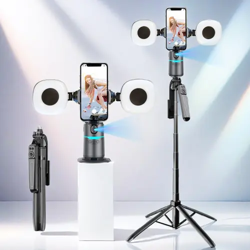 360-Degree Rotatable Face Tracking Smart Selfie Stick Gimbal, Portable Foldable Phone Stabilizer with 2 Fill Light & Tripod, Selfie Accessories for Video Recording, Folding, Camera Stabilizer