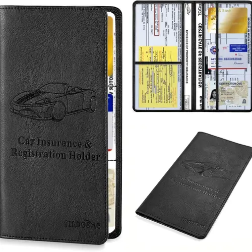 Large Black Leather Car Registration & Insurance Card Holder - Durable Car Tax Disc Holder with Magnetic Shut for Organization Storage