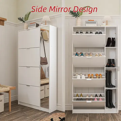 FUFU&GAGA Sturdy Wood Shoe Rack Organizer - 4-Layer Flip Adjustable Multi-Level Vertical Storage, Space-Saving with Side Mirror & Mirrored Tray for Living Room, Hallway