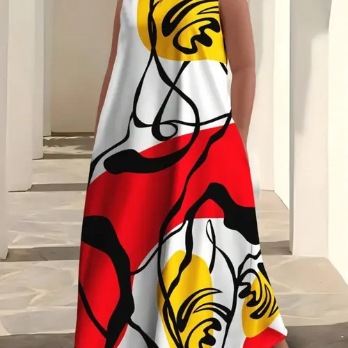 Women's Plus-Size All-Over Print Tank Dress, Casual Boho Style Sleeveless Maxi Dress for Daily Wear, Boho Casual Loose Sundress for Summer Daily Wear