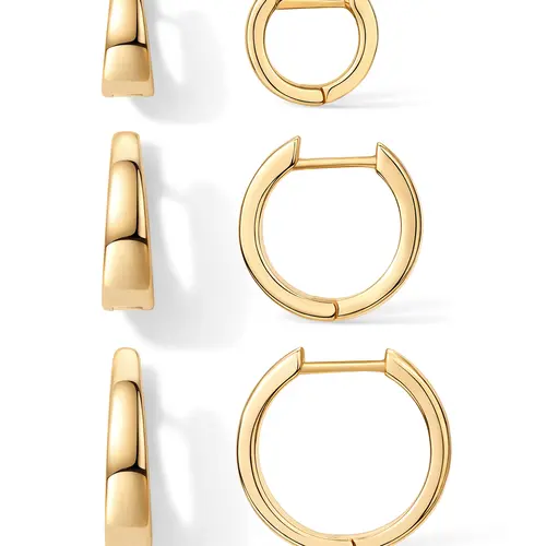 PAVOI 18K Gold Plated Sterling Silver Posts Three Pairs Small Hoop Earrings for Women - Wide Huggie Earscape Piercing Pack - Gold Hoop Earrings Set