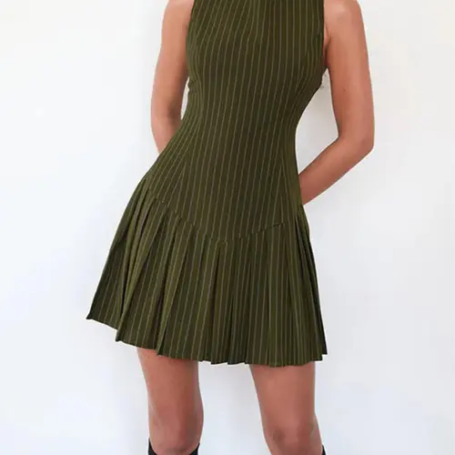 Women's Striped Print Pleated Dress, Casual Fit Dress, Casual Fashion Womenswear Dress, Casual Dresses for Daily Everyday Outdoor Wear, Ladies Clothes for All Seasons, Piece