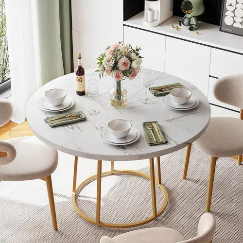 【SummerFinds】ONBRILL 47.24in Modern Round Dining Table - Faux Marble Tabletop, Scratchproof, Gold Base, 4-6 Seats Indoor Table for Home Dining Room, Kitchen, Modern Dining Table