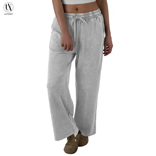 AUTOMET Women's Oversize Acid Wash Finish Wide-Leg Brushed Inside Androgynous Pants, 100% Cotton Brushed Fleece Effortless Lounge Pants with Elastic Waist and Pockets, Effortless Pants