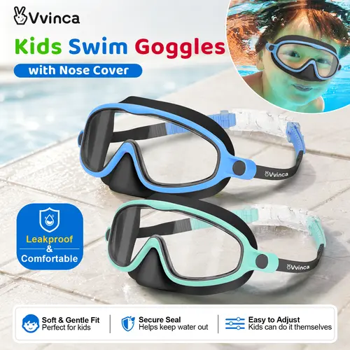 [BackToSchool] Vvinca Swim Goggles 2 Pcs with Nose Cover for Ages 3-6/6-12+ Kids,Youth,UV Protection Anti-Fog Wide View Anti-Shattered Lens for Boys and Girls - Safety anti-uv swim glass anti-fog swimming goggles for Lake,Beach, Summer Party, Swimming Acc