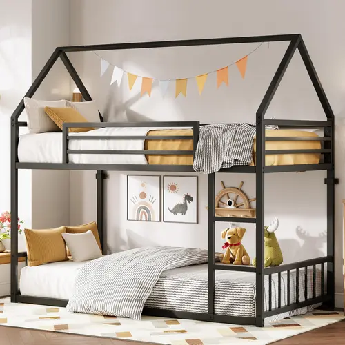 LIKIMIO Bunk Bed Twin XL Over Twin XL, Metal Bunk Bed Frame with Ladder and Guardrail, House Shaped with Metal Slats for Dormitory and Bedroom, Space Saving, No Box Spring Needed， Unique Bed， Loft Bed,dorm essentials,home decor
