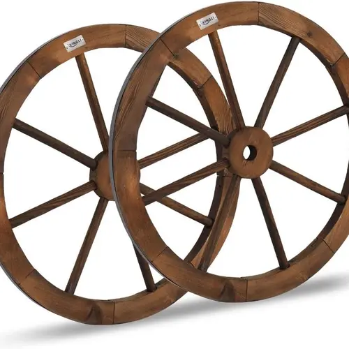 VINGLI 24" Decorative Wooden Wheel (Set of 2), Vintage Old Western Style Wall Hanging Wood Wagon Wheel for Bar, Garage, Patio, Carbonized Solid Fir Wood