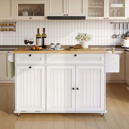 【SohoChic】ONBRILL 60" Kitchen Island with Power Outlet & Drop Leaf, Kitchen Rolling Island with Spice Rack & Towel Rack, Knife Holder, Kitchen Island Cart with Trash Storage Cabinet, Mobile Island Table for Kitchen