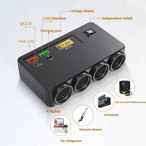 120W Multiport Vehicle Charger - 4-Cigarette Lighter Adapter with PD/QC 3.0, 12V/24V Independent Switches, Type C Charging for Phones, Tablets, GPS, More Car Devices