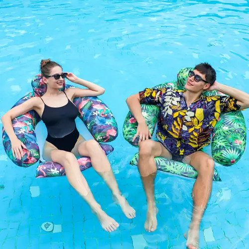 2-Pack Fabric Adult Pool Float Lounge Double Set - Inflatable Chairs for Friends, Parents, Summer Pool Parties & Water Fun (Flamingo & Green), Pool Accessories