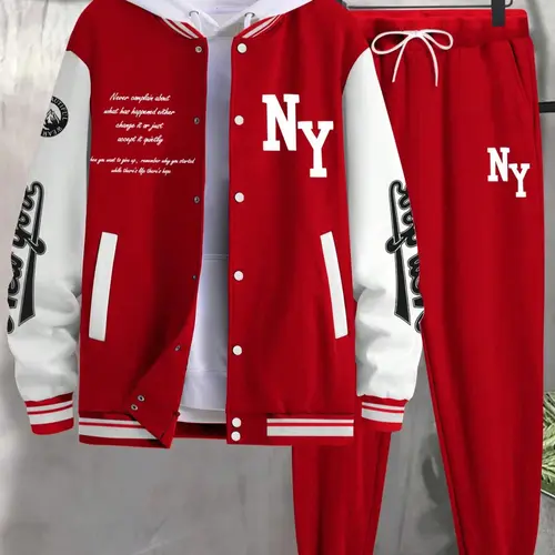 Men's Letter Print Slogan Baseball Jacket & Pants Two-piece Set, Loose Casual Clothing Set Long Sleeve Baseball Collar Outerwear & Trousers for Daily Wear, Men's Two-piece Outfits for Fall & Winter