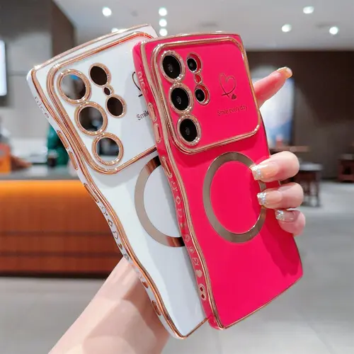 OREKROY Magnetic Smartphone Casing [Freeship] for Samsung S26 S25 Ultra Plus S24 S23 S22, Soft Wave Frame, Curly Shape, Cute Love Heart Plating, Raised Camera Lens Protection, MagSafe-Compatible, Shockproof Handheld Cellphone Devices Cover for Women, Prot