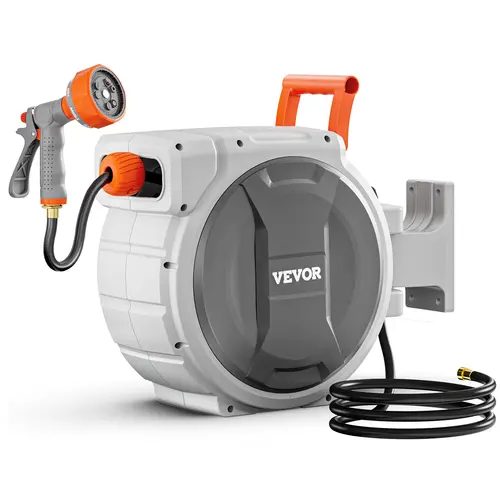 【Summerfinds】VEVOR Upgraded Retractable Garden Hose Reel 1/2 Inch x 65 ft Wall Mounted Hose ReelHeavy Duty Garden Hose Reel with 9 Patterns NozzleAny Length LockUpgraded Slow Return System and 180°Swivel Bracket, Water Hose Retractable
