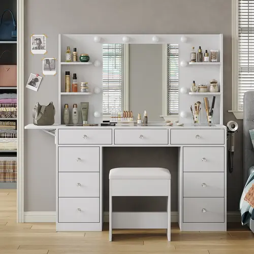 FUSOU 47"W 9 Drawers Makeup Table with 4 Shelves, Vanity Desk & Power Outlet, Makeup Vanity with Mirror and 10 LED Lights, Fold-up Panel, Vanity Set 3 Lighting Modes Brightness Adjustable,dorm essentials,home decor